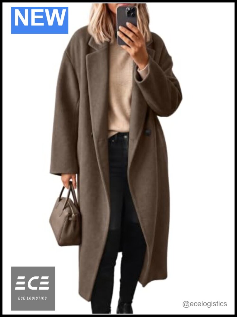 Women's Double Breasted Wool Coat Longline Open Front Lapel Winter Outerwear